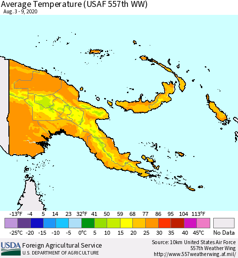 Papua New Guinea Average Temperature (USAF 557th WW) Thematic Map For 8/3/2020 - 8/9/2020
