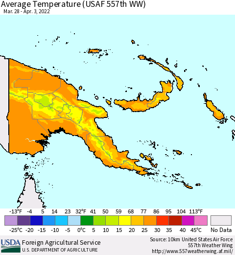 Papua New Guinea Average Temperature (USAF 557th WW) Thematic Map For 3/28/2022 - 4/3/2022