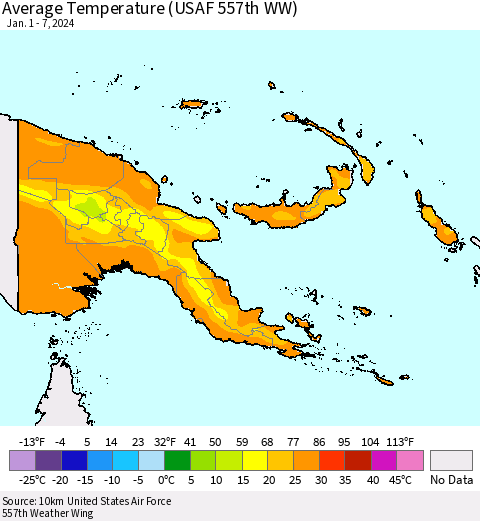 Papua New Guinea Average Temperature (USAF 557th WW) Thematic Map For 1/1/2024 - 1/7/2024