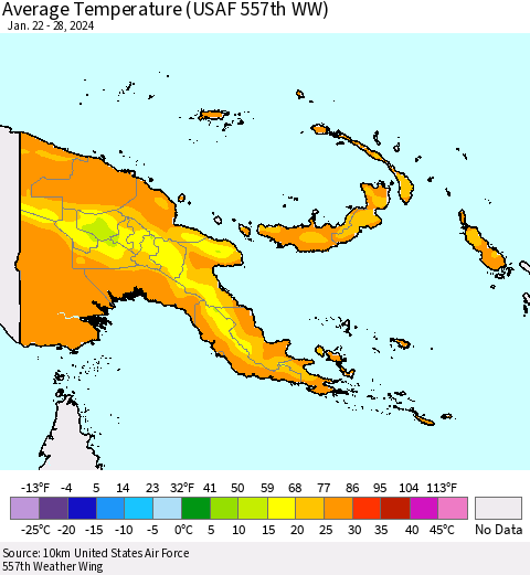 Papua New Guinea Average Temperature (USAF 557th WW) Thematic Map For 1/22/2024 - 1/28/2024