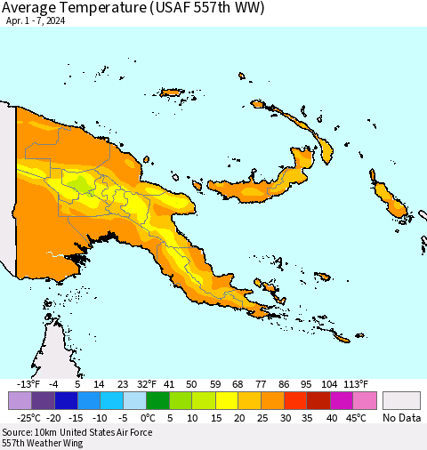Papua New Guinea Average Temperature (USAF 557th WW) Thematic Map For 4/1/2024 - 4/7/2024