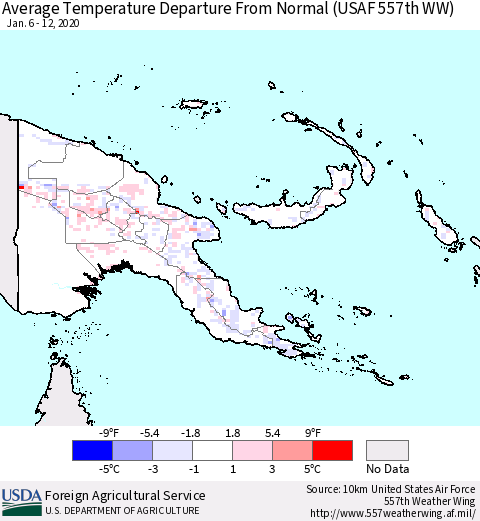Papua New Guinea Average Temperature Departure from Normal (USAF 557th WW) Thematic Map For 1/6/2020 - 1/12/2020