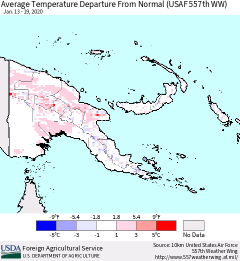 Papua New Guinea Average Temperature Departure from Normal (USAF 557th WW) Thematic Map For 1/13/2020 - 1/19/2020