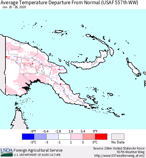 Papua New Guinea Average Temperature Departure from Normal (USAF 557th WW) Thematic Map For 1/20/2020 - 1/26/2020