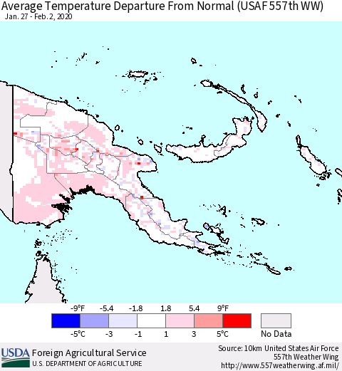 Papua New Guinea Average Temperature Departure from Normal (USAF 557th WW) Thematic Map For 1/27/2020 - 2/2/2020