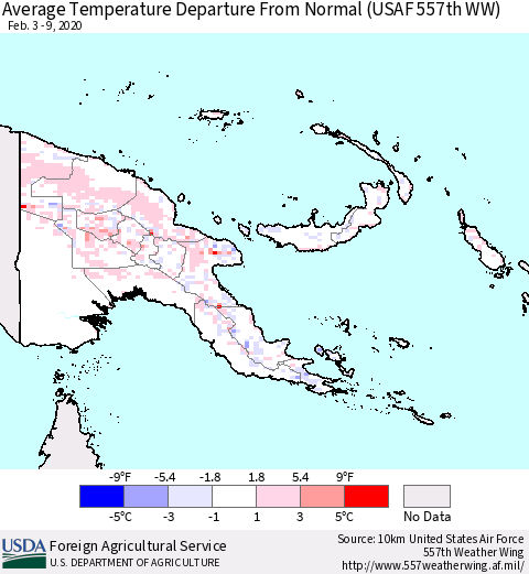 Papua New Guinea Average Temperature Departure from Normal (USAF 557th WW) Thematic Map For 2/3/2020 - 2/9/2020
