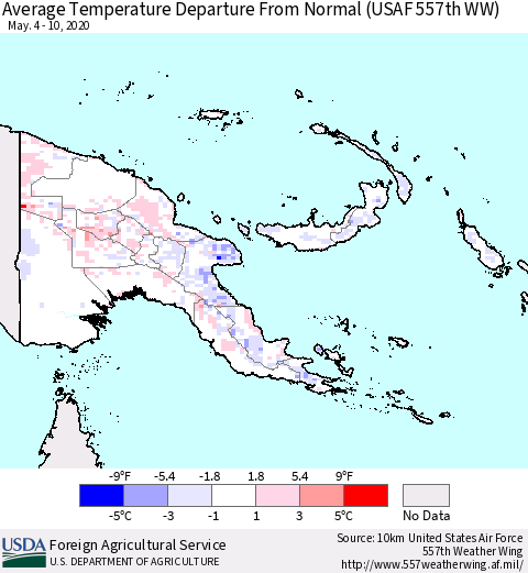 Papua New Guinea Average Temperature Departure from Normal (USAF 557th WW) Thematic Map For 5/4/2020 - 5/10/2020