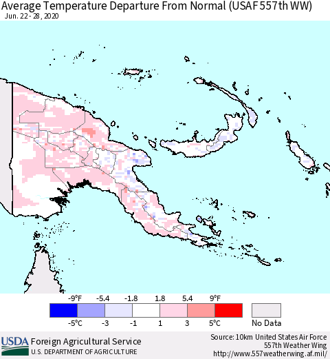 Papua New Guinea Average Temperature Departure from Normal (USAF 557th WW) Thematic Map For 6/22/2020 - 6/28/2020