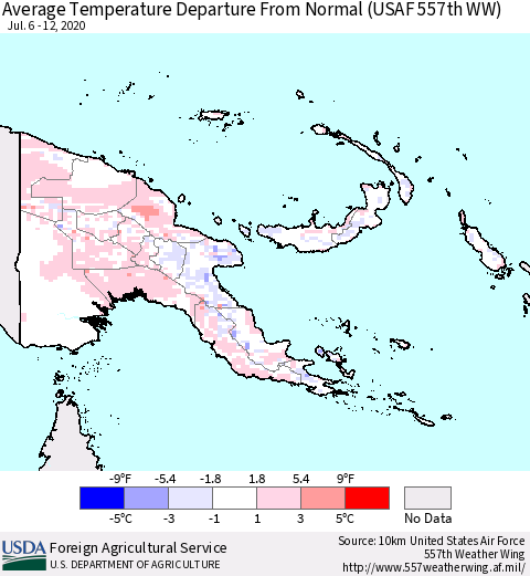 Papua New Guinea Average Temperature Departure from Normal (USAF 557th WW) Thematic Map For 7/6/2020 - 7/12/2020