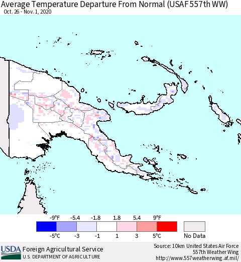 Papua New Guinea Average Temperature Departure from Normal (USAF 557th WW) Thematic Map For 10/26/2020 - 11/1/2020