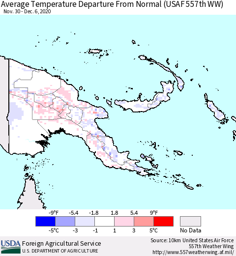 Papua New Guinea Average Temperature Departure from Normal (USAF 557th WW) Thematic Map For 11/30/2020 - 12/6/2020