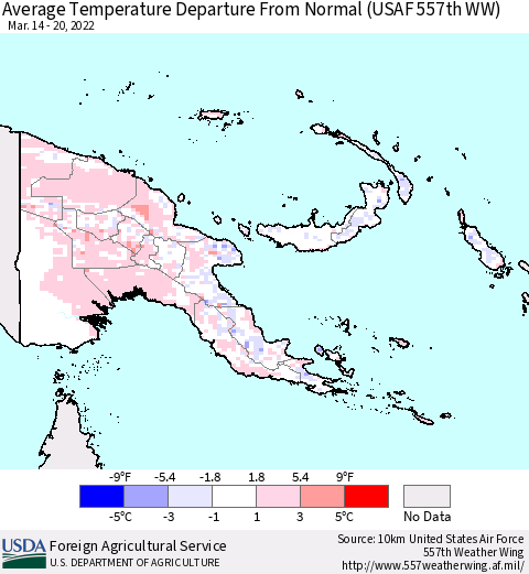 Papua New Guinea Average Temperature Departure from Normal (USAF 557th WW) Thematic Map For 3/14/2022 - 3/20/2022