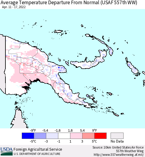 Papua New Guinea Average Temperature Departure from Normal (USAF 557th WW) Thematic Map For 4/11/2022 - 4/17/2022