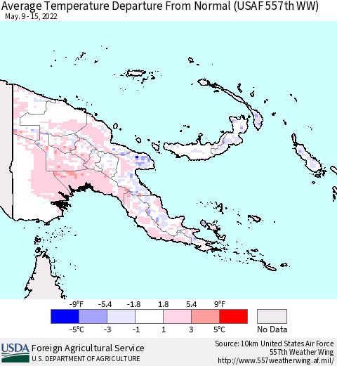 Papua New Guinea Average Temperature Departure from Normal (USAF 557th WW) Thematic Map For 5/9/2022 - 5/15/2022