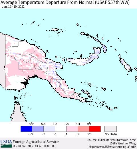 Papua New Guinea Average Temperature Departure from Normal (USAF 557th WW) Thematic Map For 6/13/2022 - 6/19/2022