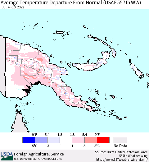 Papua New Guinea Average Temperature Departure from Normal (USAF 557th WW) Thematic Map For 7/4/2022 - 7/10/2022