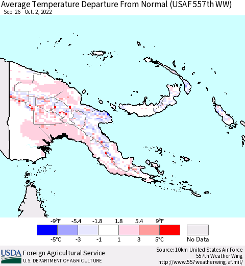 Papua New Guinea Average Temperature Departure from Normal (USAF 557th WW) Thematic Map For 9/26/2022 - 10/2/2022
