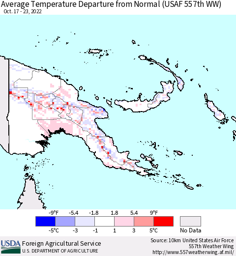 Papua New Guinea Average Temperature Departure from Normal (USAF 557th WW) Thematic Map For 10/17/2022 - 10/23/2022
