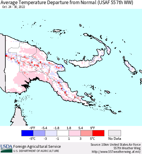 Papua New Guinea Average Temperature Departure from Normal (USAF 557th WW) Thematic Map For 10/24/2022 - 10/30/2022