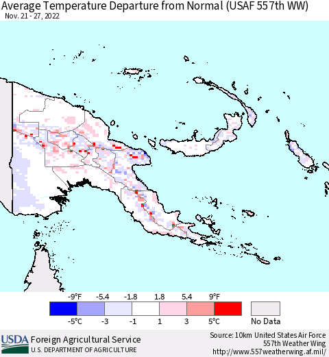 Papua New Guinea Average Temperature Departure from Normal (USAF 557th WW) Thematic Map For 11/21/2022 - 11/27/2022