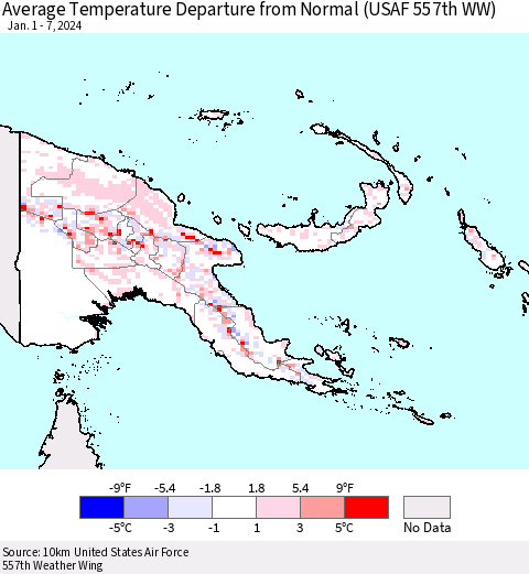 Papua New Guinea Average Temperature Departure from Normal (USAF 557th WW) Thematic Map For 1/1/2024 - 1/7/2024
