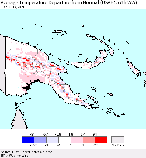 Papua New Guinea Average Temperature Departure from Normal (USAF 557th WW) Thematic Map For 1/8/2024 - 1/14/2024