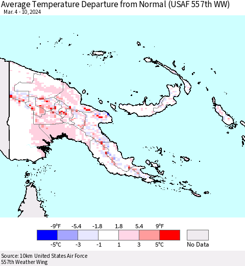 Papua New Guinea Average Temperature Departure from Normal (USAF 557th WW) Thematic Map For 3/4/2024 - 3/10/2024