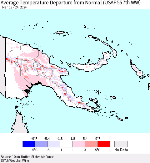 Papua New Guinea Average Temperature Departure from Normal (USAF 557th WW) Thematic Map For 3/18/2024 - 3/24/2024