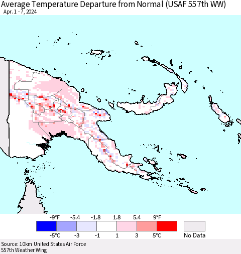 Papua New Guinea Average Temperature Departure from Normal (USAF 557th WW) Thematic Map For 4/1/2024 - 4/7/2024