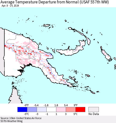 Papua New Guinea Average Temperature Departure from Normal (USAF 557th WW) Thematic Map For 4/8/2024 - 4/14/2024