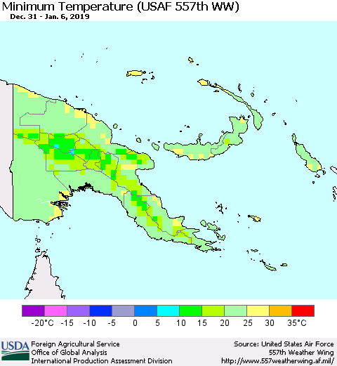 Papua New Guinea Mean Minimum Temperature (USAF 557th WW) Thematic Map For 12/31/2018 - 1/6/2019