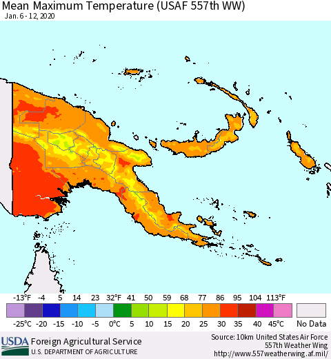 Papua New Guinea Mean Maximum Temperature (USAF 557th WW) Thematic Map For 1/6/2020 - 1/12/2020