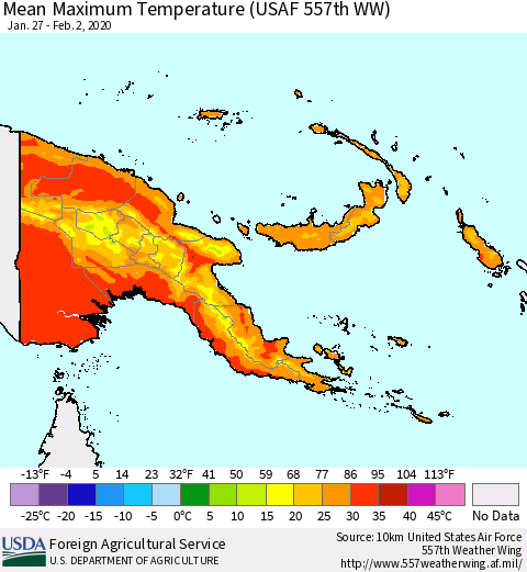 Papua New Guinea Mean Maximum Temperature (USAF 557th WW) Thematic Map For 1/27/2020 - 2/2/2020