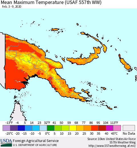 Papua New Guinea Mean Maximum Temperature (USAF 557th WW) Thematic Map For 2/3/2020 - 2/9/2020