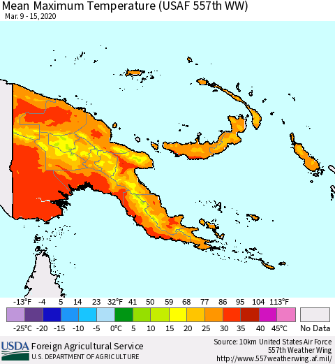 Papua New Guinea Mean Maximum Temperature (USAF 557th WW) Thematic Map For 3/9/2020 - 3/15/2020
