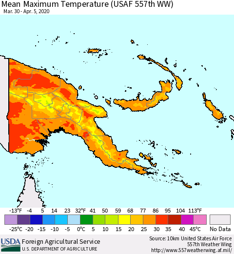 Papua New Guinea Mean Maximum Temperature (USAF 557th WW) Thematic Map For 3/30/2020 - 4/5/2020