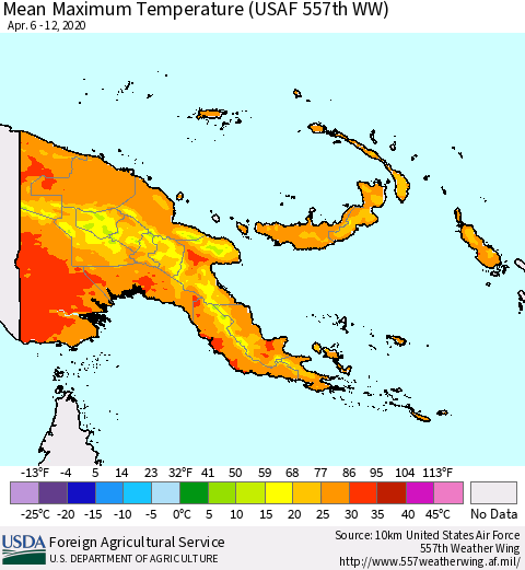 Papua New Guinea Mean Maximum Temperature (USAF 557th WW) Thematic Map For 4/6/2020 - 4/12/2020