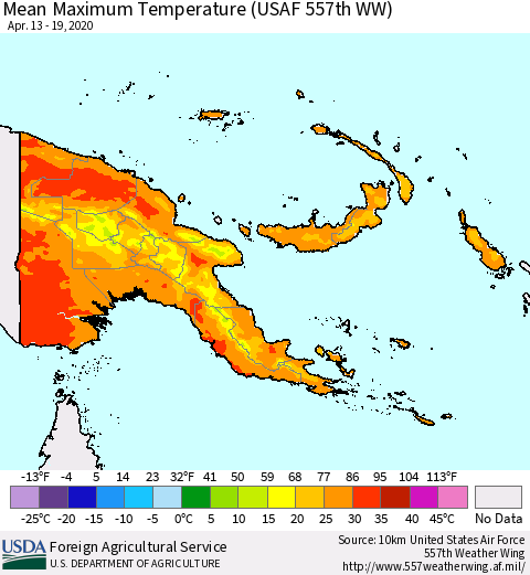 Papua New Guinea Mean Maximum Temperature (USAF 557th WW) Thematic Map For 4/13/2020 - 4/19/2020