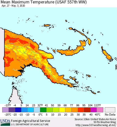 Papua New Guinea Mean Maximum Temperature (USAF 557th WW) Thematic Map For 4/27/2020 - 5/3/2020