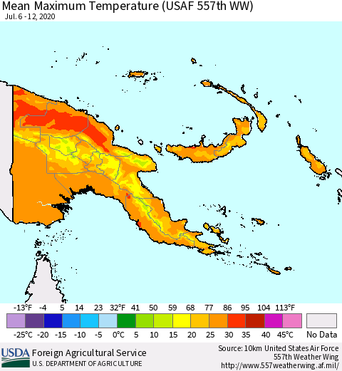 Papua New Guinea Mean Maximum Temperature (USAF 557th WW) Thematic Map For 7/6/2020 - 7/12/2020