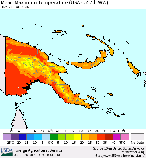 Papua New Guinea Mean Maximum Temperature (USAF 557th WW) Thematic Map For 12/28/2020 - 1/3/2021