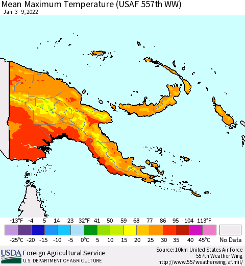 Papua New Guinea Mean Maximum Temperature (USAF 557th WW) Thematic Map For 1/3/2022 - 1/9/2022
