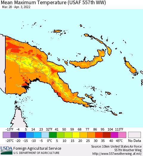 Papua New Guinea Mean Maximum Temperature (USAF 557th WW) Thematic Map For 3/28/2022 - 4/3/2022