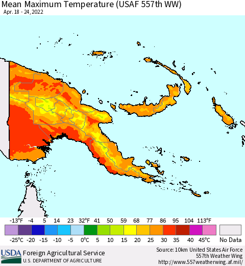 Papua New Guinea Mean Maximum Temperature (USAF 557th WW) Thematic Map For 4/18/2022 - 4/24/2022
