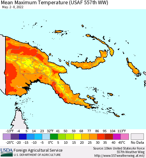 Papua New Guinea Mean Maximum Temperature (USAF 557th WW) Thematic Map For 5/2/2022 - 5/8/2022