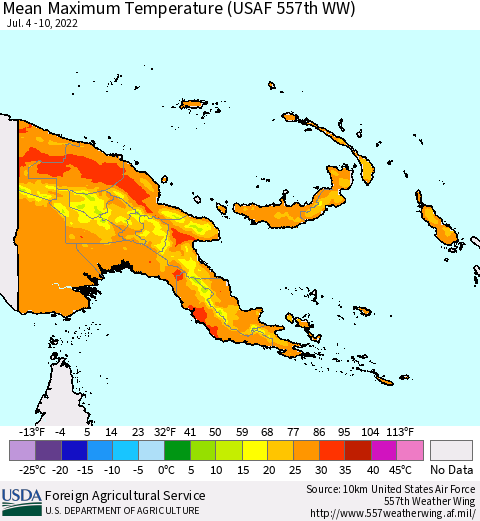 Papua New Guinea Mean Maximum Temperature (USAF 557th WW) Thematic Map For 7/4/2022 - 7/10/2022