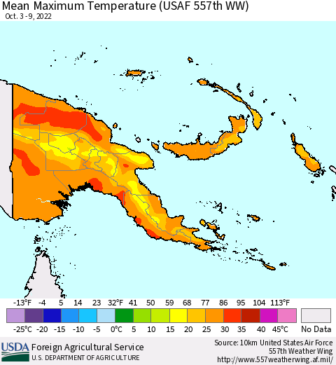 Papua New Guinea Mean Maximum Temperature (USAF 557th WW) Thematic Map For 10/3/2022 - 10/9/2022