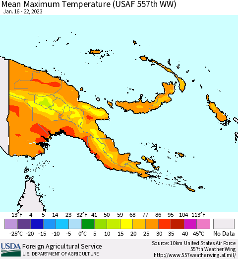 Papua New Guinea Mean Maximum Temperature (USAF 557th WW) Thematic Map For 1/16/2023 - 1/22/2023