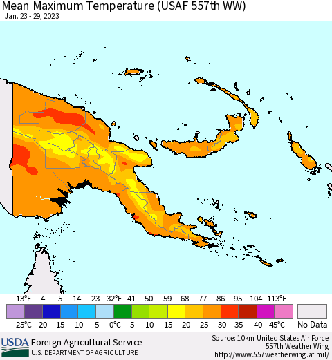 Papua New Guinea Mean Maximum Temperature (USAF 557th WW) Thematic Map For 1/23/2023 - 1/29/2023