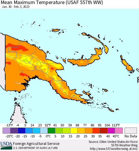 Papua New Guinea Mean Maximum Temperature (USAF 557th WW) Thematic Map For 1/30/2023 - 2/5/2023